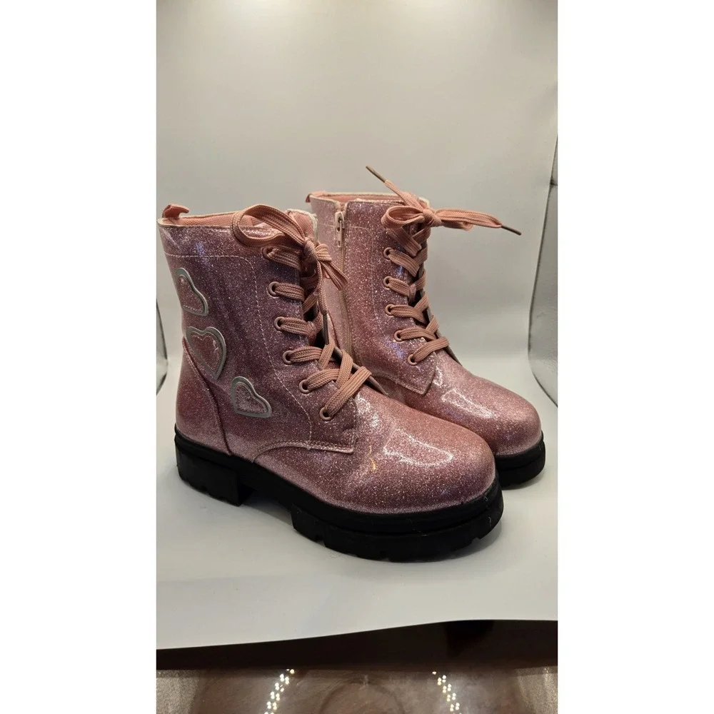 Girls Pink Glitter Combat Boots Heart Detail Lace Up Side Zip Chunky Sole US 5